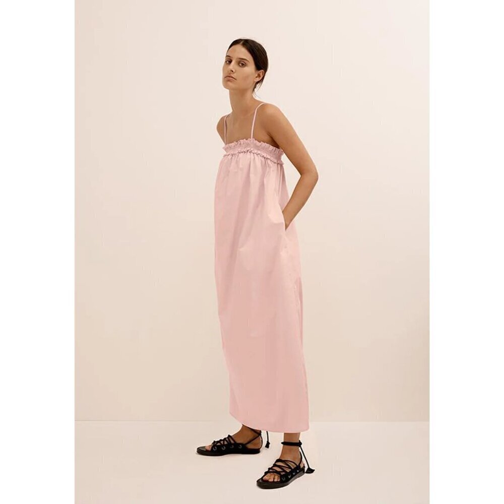 Bird & Knoll Ida Dress Pink Cotton Maxi XS Smocked Strappy Cotton Resort